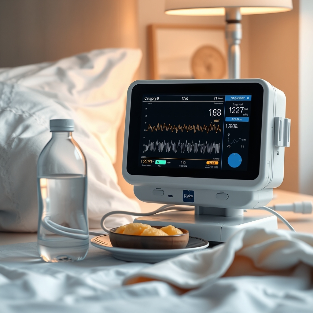 Close‑up of a fetal heart‑rate monitor display showing a Category II tracing with variable decelerations, surrounded by a hospital bedside with a water bottle and a soft blanket