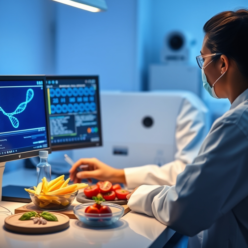 Close‑up of a laboratory technician analyzing DNA sequences on a computer screen, soft blue lighting, modern lab environment