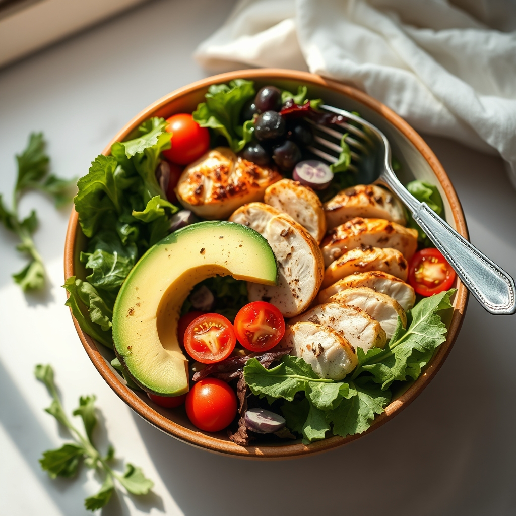 A vibrant bowl of fresh mixed salad with grilled chicken and various vegetables on a wooden table, healthy and appealing
