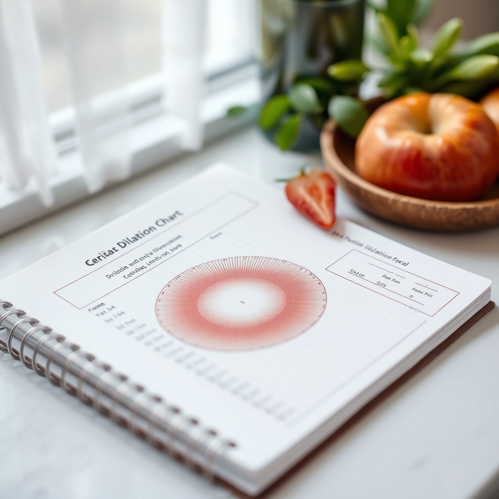 A birth plan notebook with a printed cervical dilation chart beside a pen