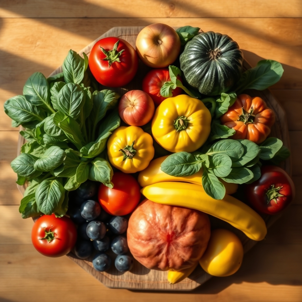 Fresh fruits and vegetables laid out on a wooden board, including oranges, kiwi, and leafy greens, bright natural light highlighting vibrant colors