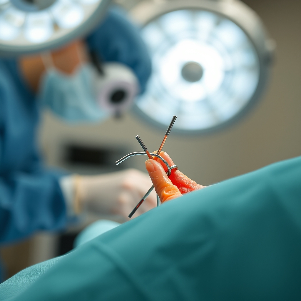 Close‑up of a cervical cerclage suture placed around the cervix, with a soft focus background of a hospital operating room, bright but clinical lighting