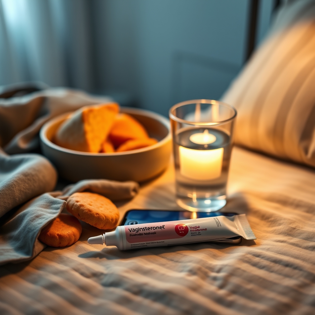A nightstand scene with a small glass of water, a tube of vaginal progesterone gel, and a phone displaying a medication reminder, soft warm lighting