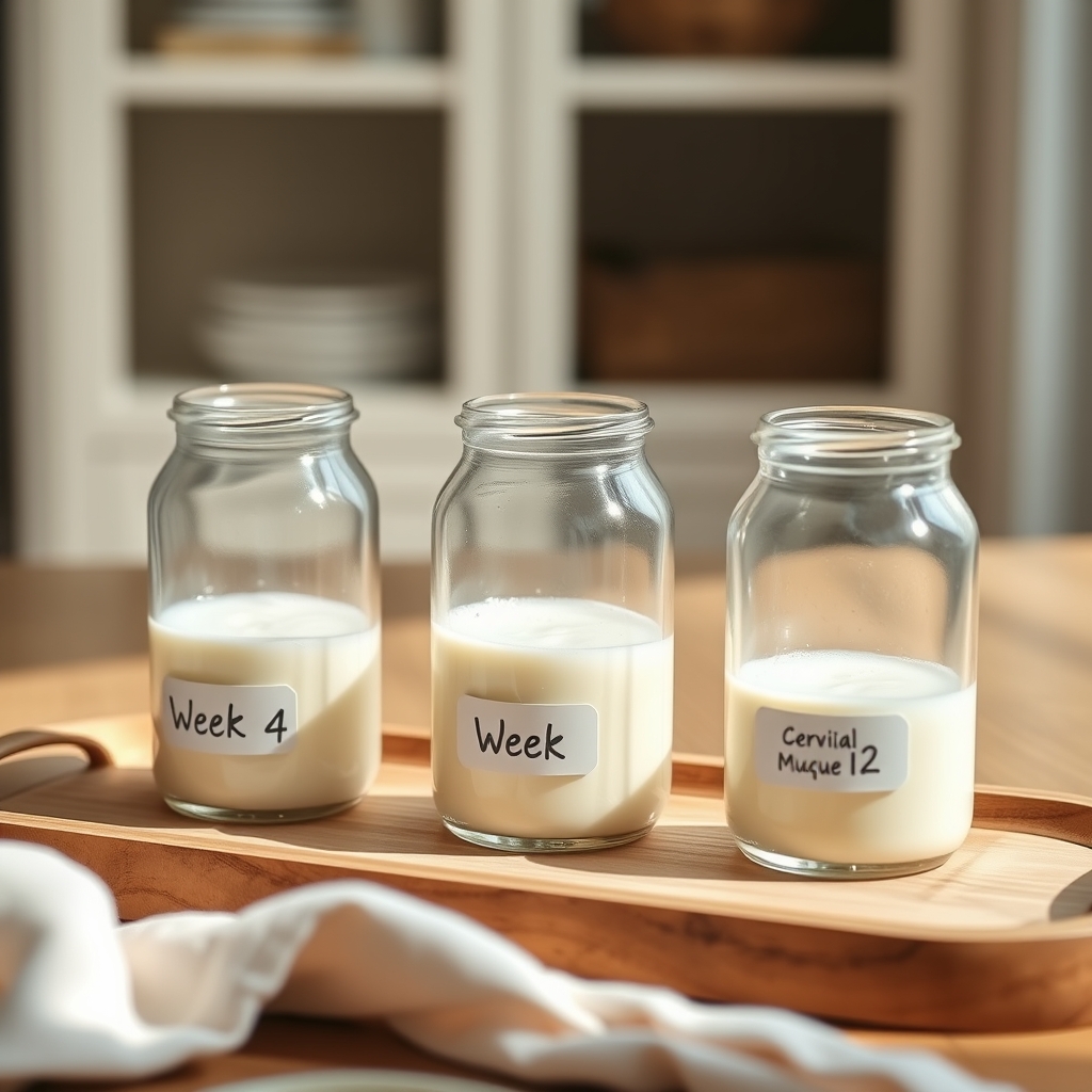 A series of three glass jars labeled week 4, week 8, and week 12, each containing cervical mucus samples of increasing opacity, photographed on a light wooden surface with soft morning light