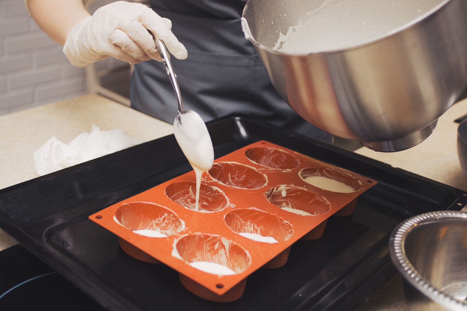 Silicone trays filled with baby food purees