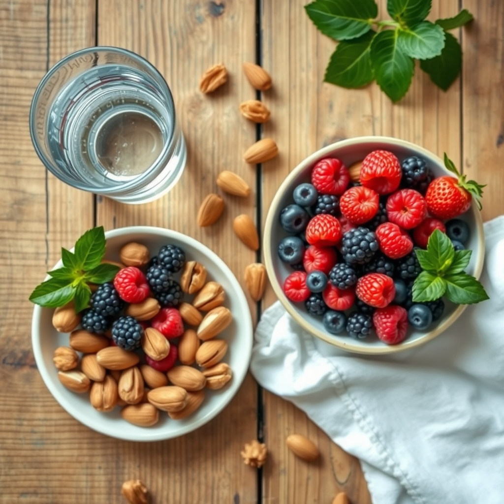 A fresh bowl of mixed berries, nuts, and a glass of water on a rustic wooden table, representing a nutrient‑rich pre‑conception snack