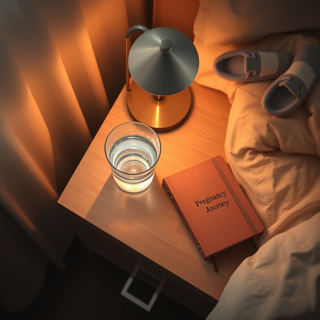 Soft-focus photo of a calm bedroom nightstand with a dim lamp, a glass of water, and a small notebook titled 'Pregnancy Journey', conveying a gentle, supportive atmosphere
