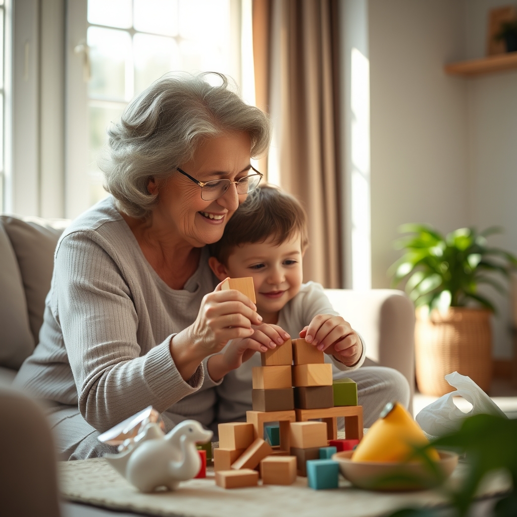 A heartwarming scene of a grandmother and her grandchild building a colorful tower of wooden blocks on the floor in a cozy, sunlit living room, full of warmth and connection.