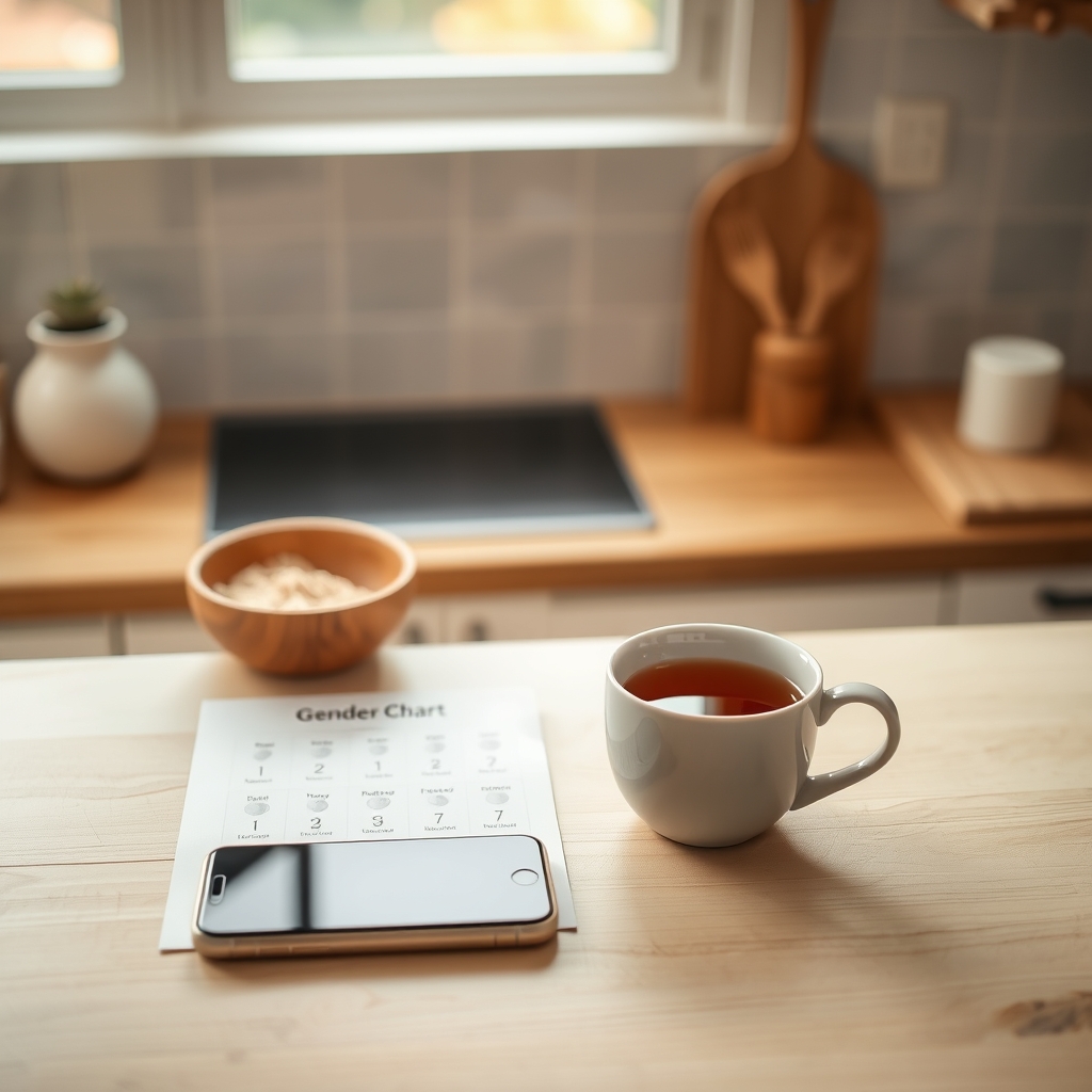 A modern kitchen counter with a printed Chinese gender chart, a smartphone displaying a pregnancy app, and a cup of tea, blending tradition and technology