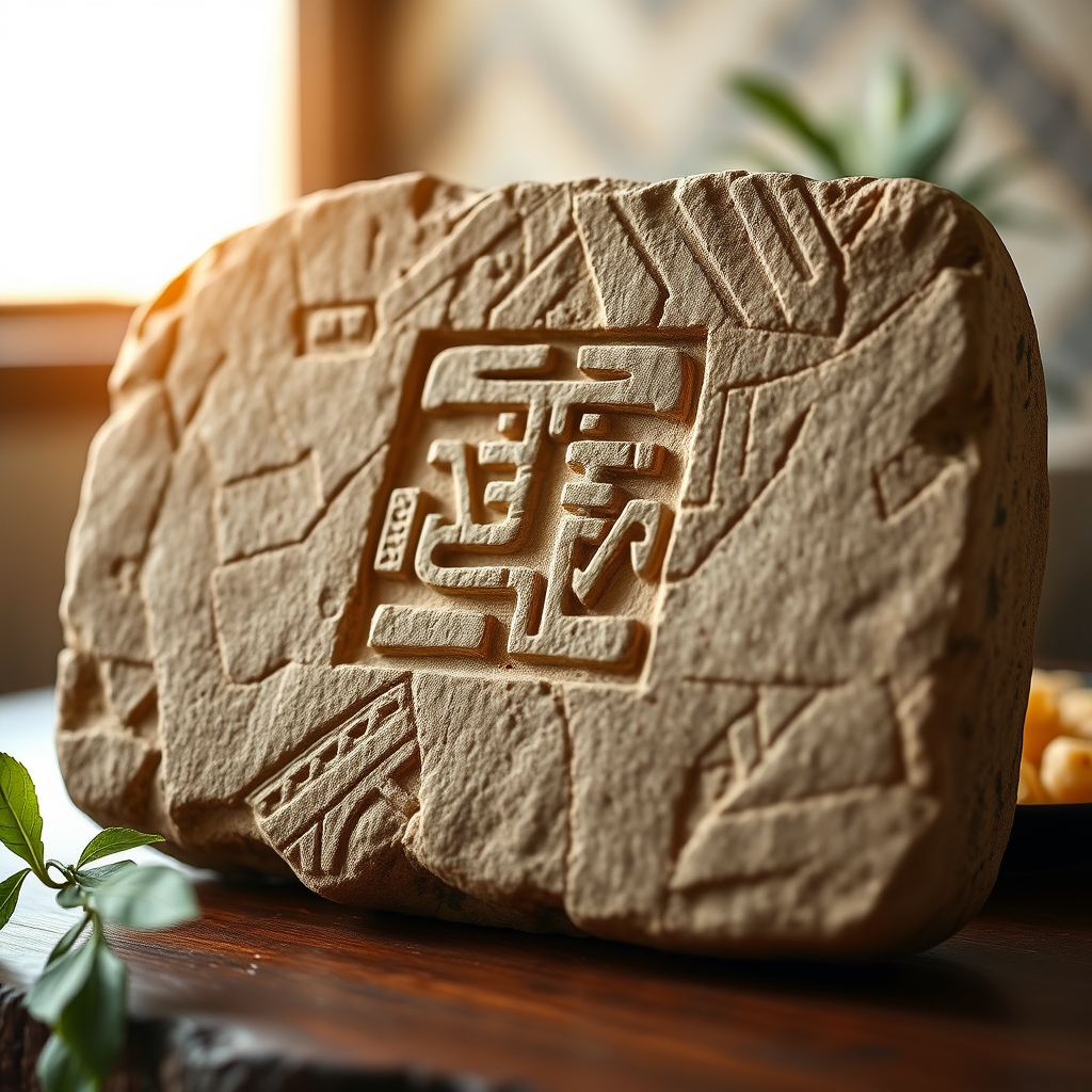 Stone carving of a Mayan calendar glyph, with intricate bas relief and warm sunlight highlighting the stone texture