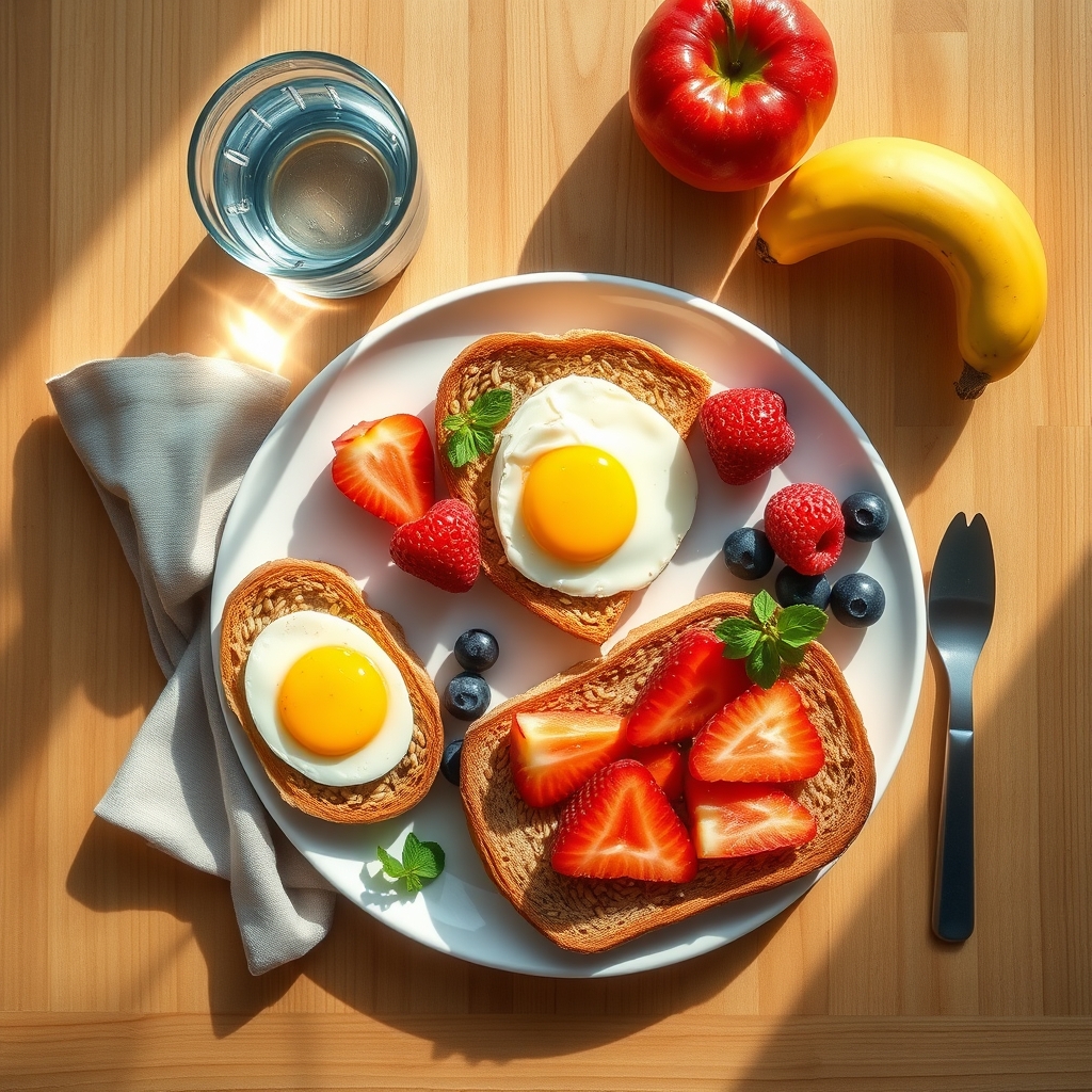 A glass of water beside a plate of fresh fruit, whole grains, and lean protein, illustrating a balanced diet for pregnancy