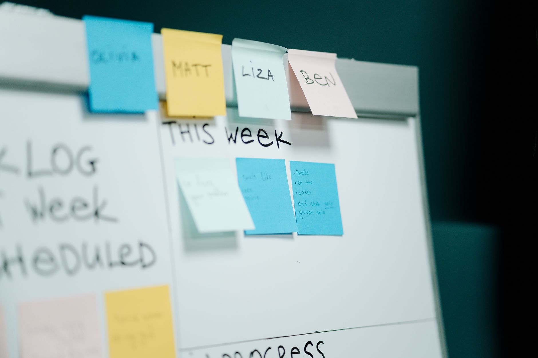 A neatly organized whiteboard in a kitchen with a simple list of chores written on it, like 'Laundry', 'Dishes', 'Grocery List'.