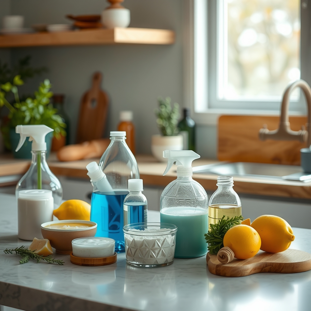 A kitchen counter with DIY cleaning supplies: a spray bottle labeled 'All-Purpose Cleaner,' a jar of baking soda, a bottle of castile soap, and a bowl of lemon halves.