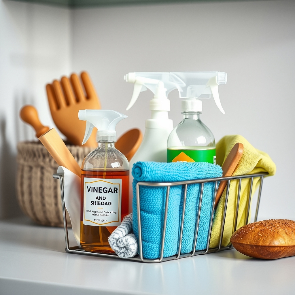 Organized cleaning caddy with vinegar, baking soda, microfiber cloths, and spray bottles
