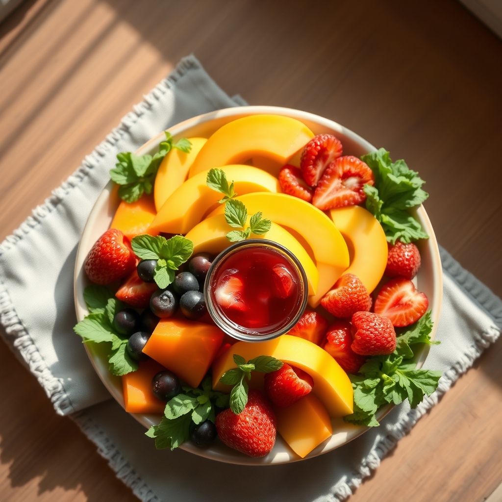 Fresh fruit and vegetable platter with a small bowl of unsweetened cranberry juice, arranged on a light linen napkin, natural daylight