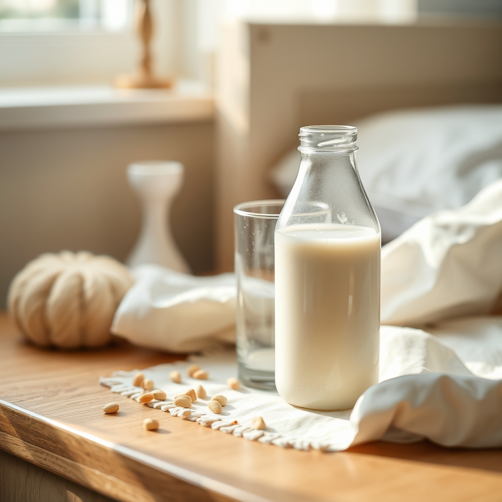Close‑up of a breastmilk bottle next to a small glass of water on a nightstand, soft morning light filtering through curtains