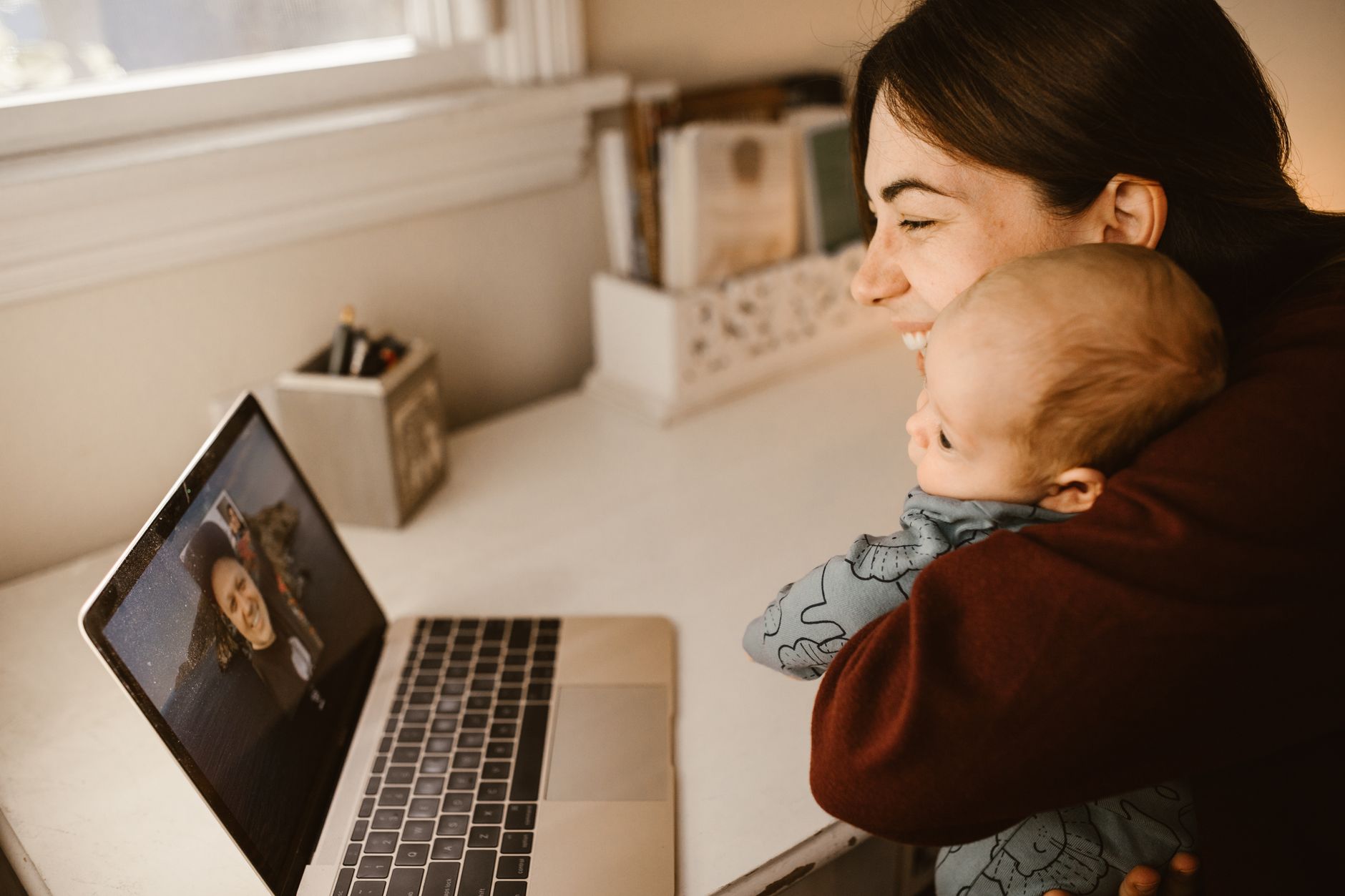 Virtual coed baby shower on a video call