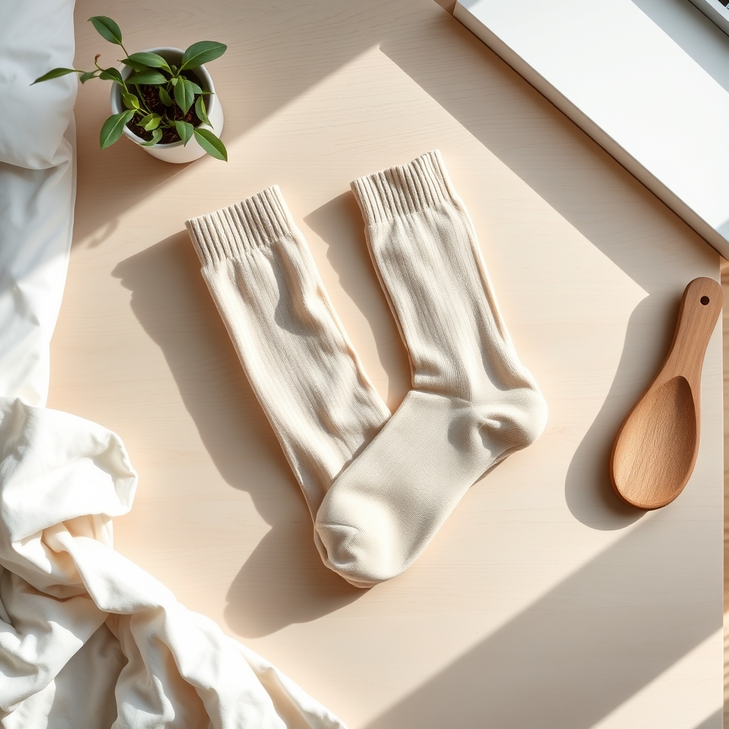 A pair of clean, white compression socks neatly rolled up on a light wooden surface, ready to be worn