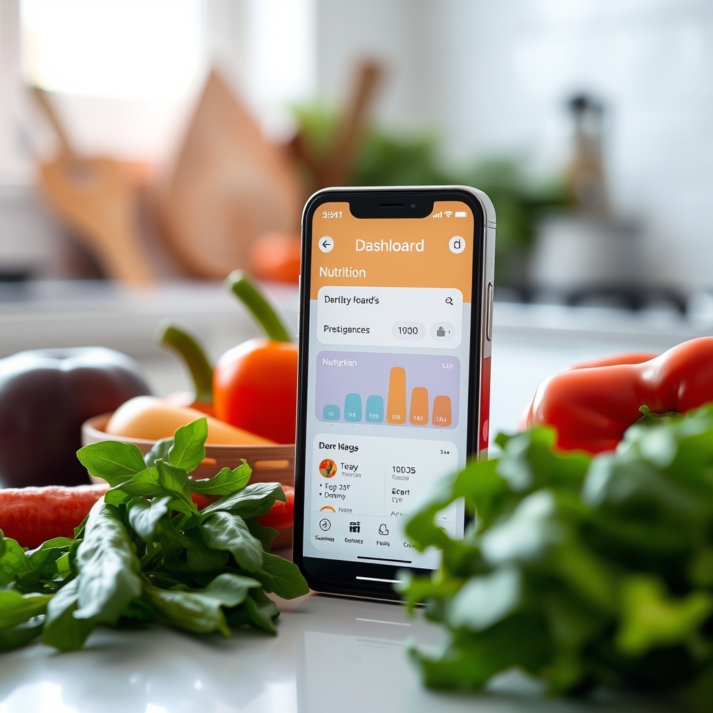 Close‑up of a smartphone screen showing a pregnancy app’s nutrition dashboard, bright kitchen background with fresh vegetables