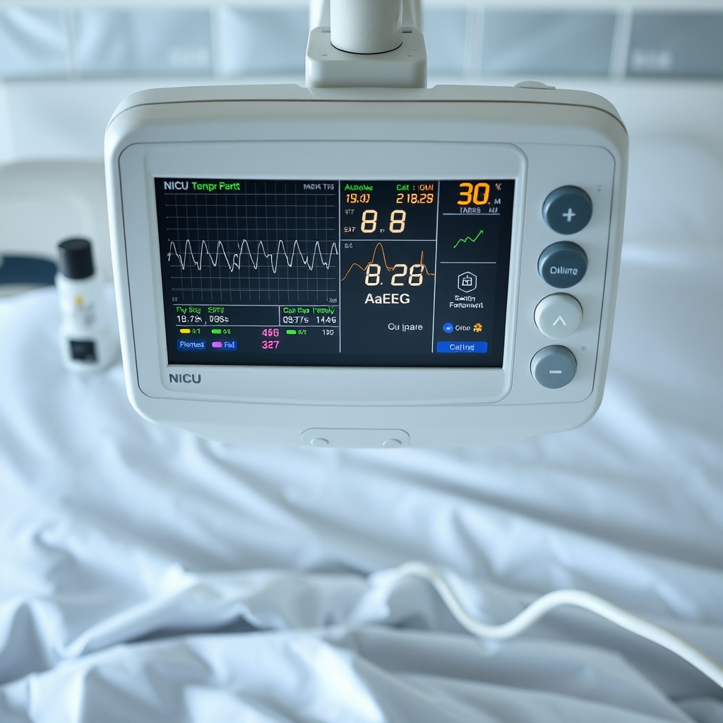 Neonatal bedside monitor showing temperature trends, heart rate, and EEG tracings, highlighting careful observation during hypothermia therapy