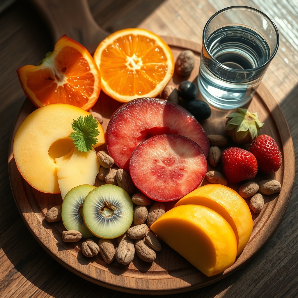 A wooden board with a bowl of magnesium-rich almonds, a glass of water, and a slice of fresh pineapple, bright natural light, inviting kitchen setting