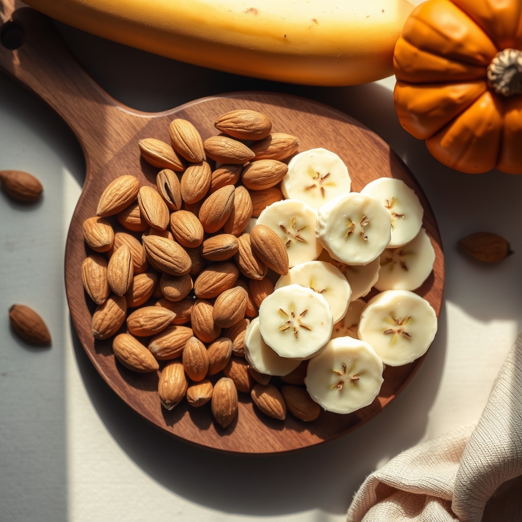 A soft‑focus photograph of a bowl of fresh almonds, pumpkin seeds, and sliced banana on a wooden board, bright morning light, emphasizing magnesium‑rich foods for pregnancy
