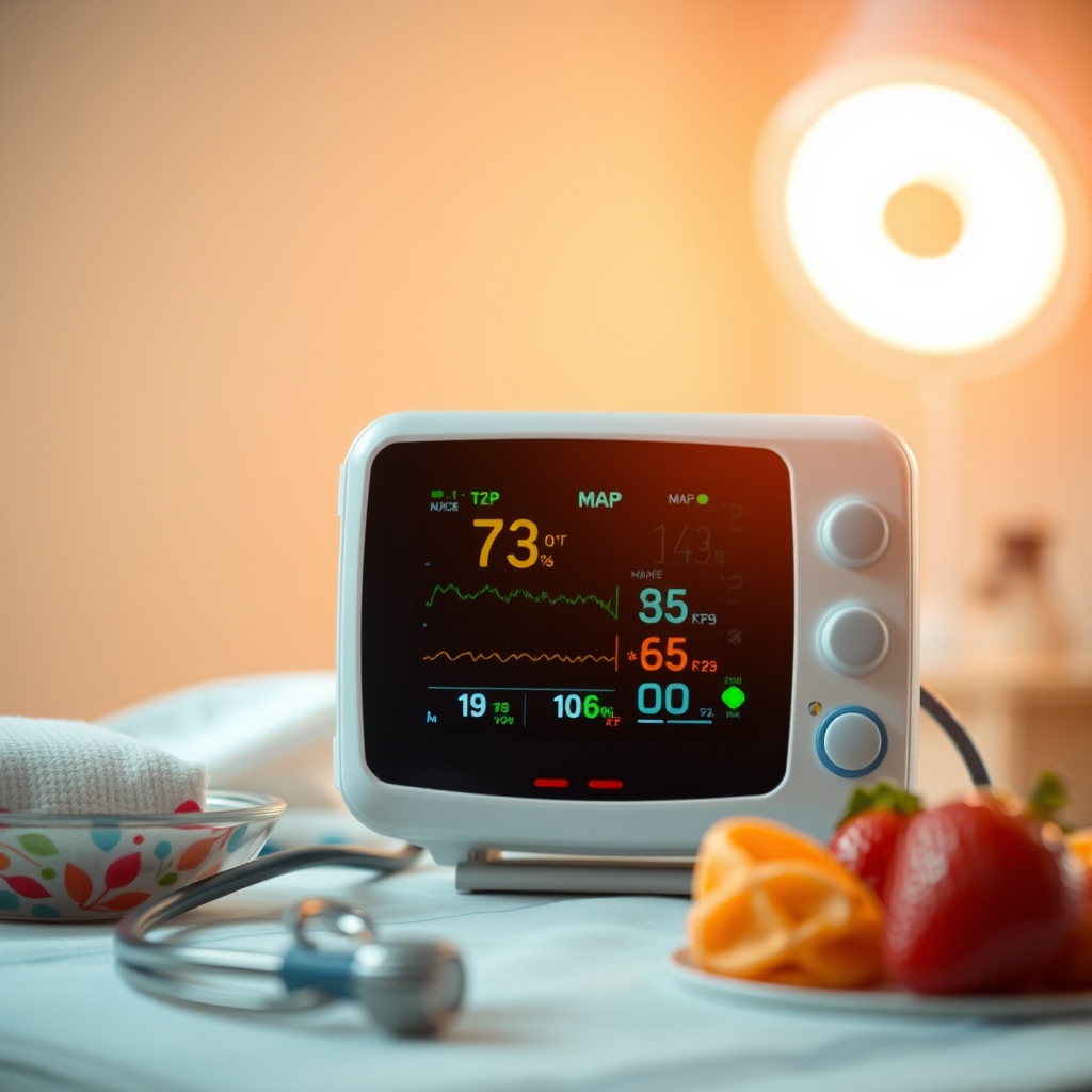 Close‑up of a neonatal monitor displaying temperature, blood pressure, and oxygen saturation charts
