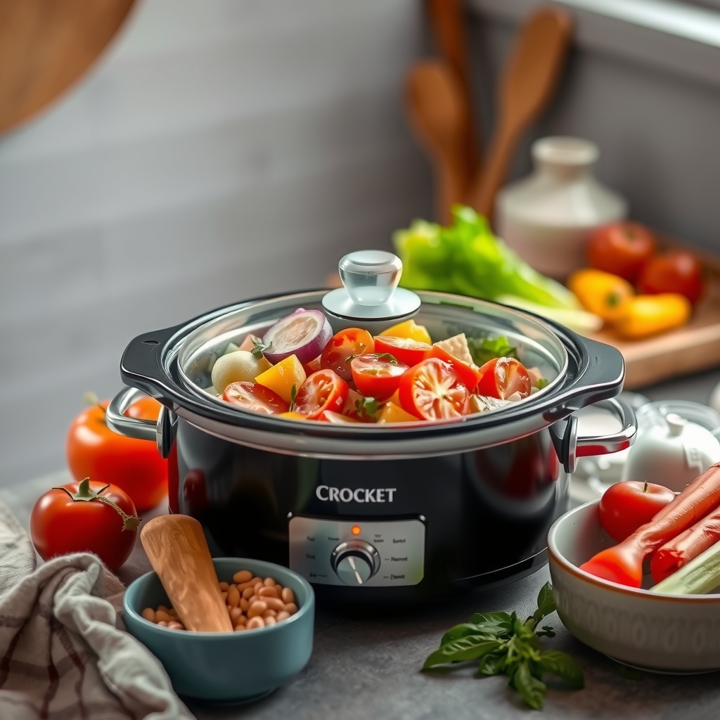 A crockpot filled with colorful ingredients like chicken, vegetables, and broth