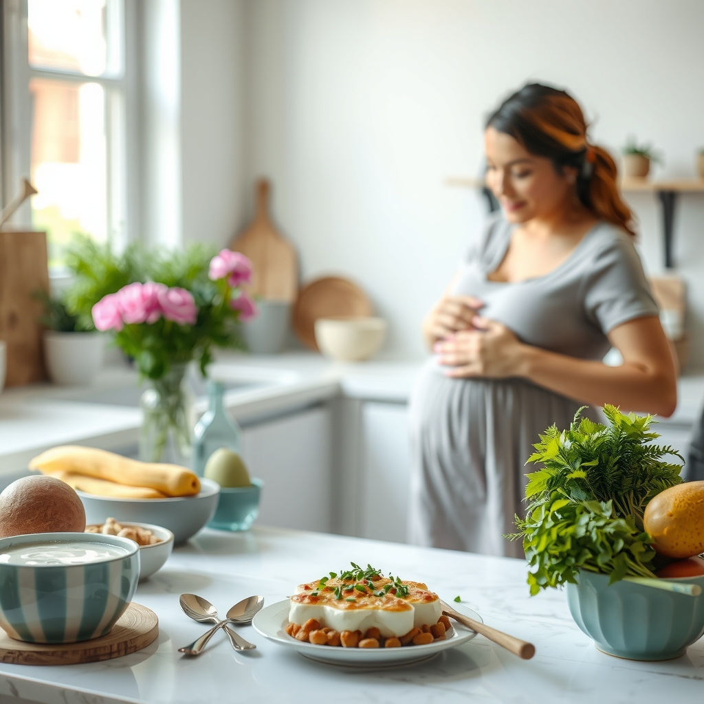 A pregnant woman sitting on a wooden bench surrounded by baskets of fresh vegetables and herbs