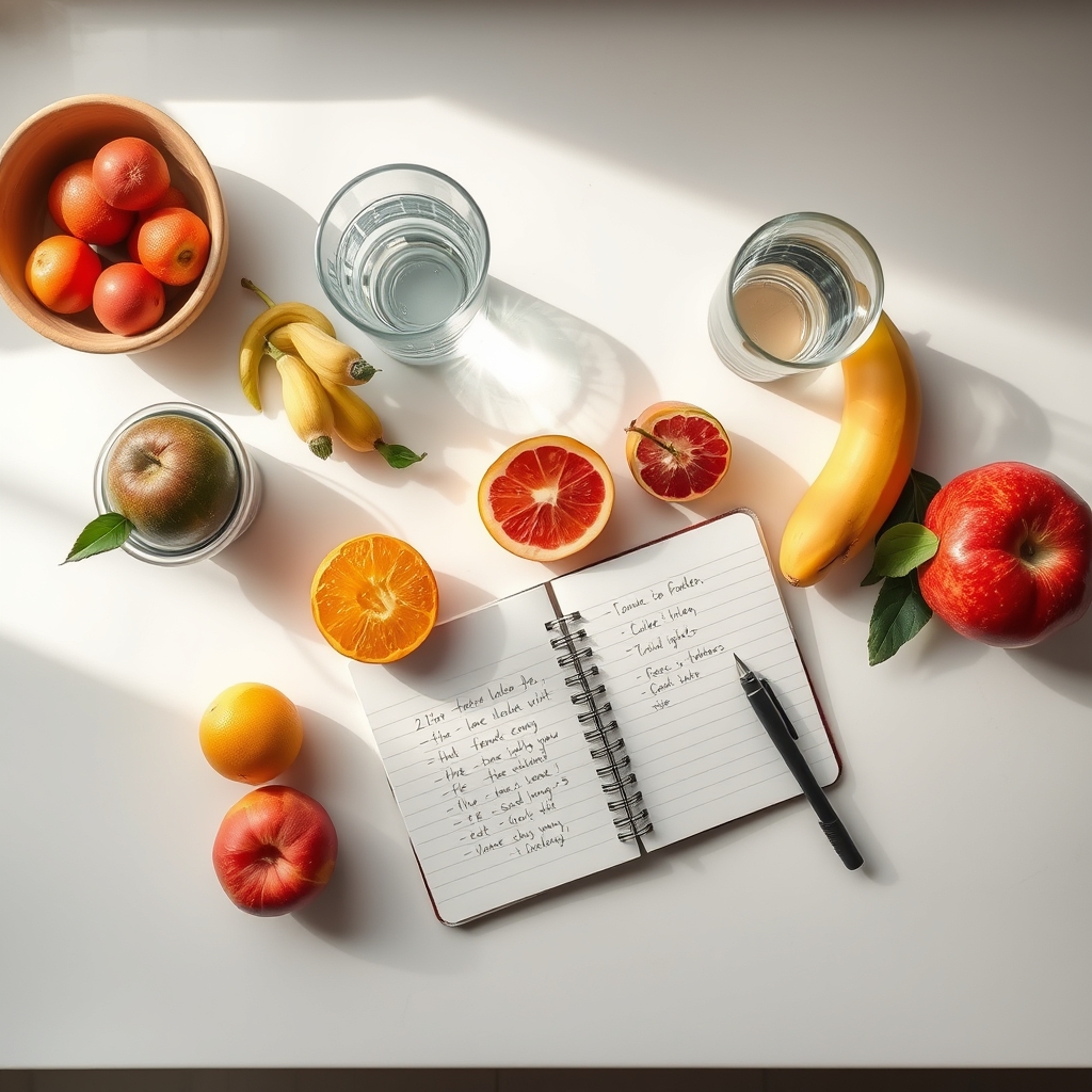 A bright kitchen counter with a bowl of fresh fruit, a glass of water, and a notebook open to a blood test log, natural daylight