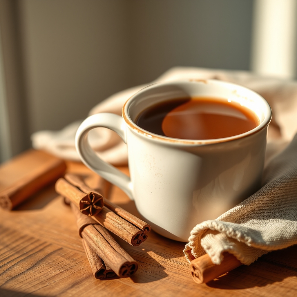 A cozy mug of chicory root coffee on a wooden tray with cinnamon sticks and a soft blanket