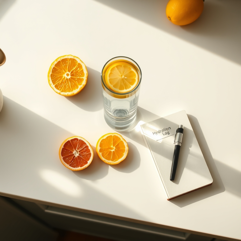 A bright, airy kitchen counter with a glass of water, a sliced citrus fruit, and a small notebook titled ‘Hydration Log’