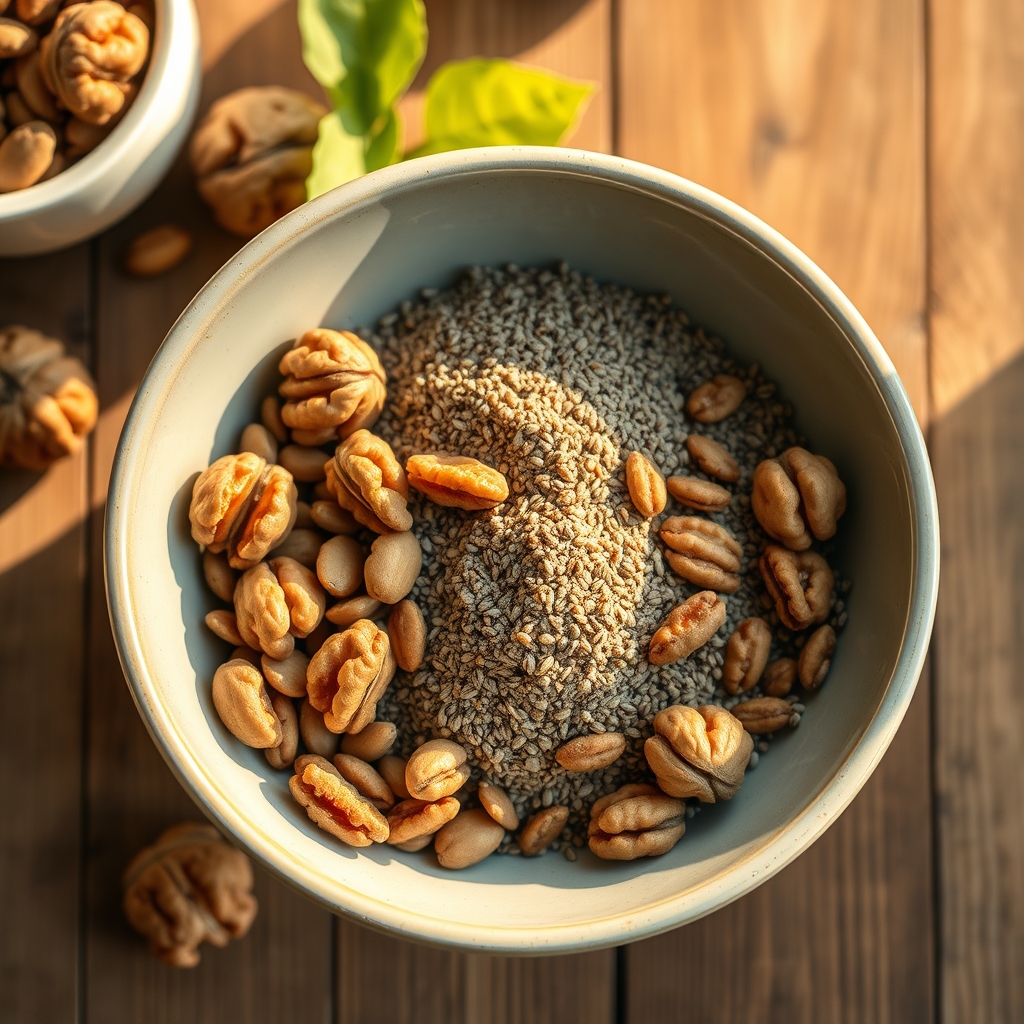 A bowl of mixed walnuts, chia seeds, and ground flaxseed on a rustic wooden table, natural light highlighting the textures