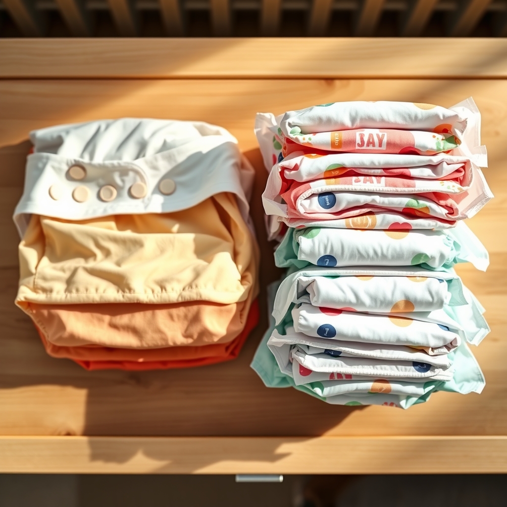 A stack of clean, folded cloth diapers in pastel colors next to a basket of disposable diapers, symbolizing choice