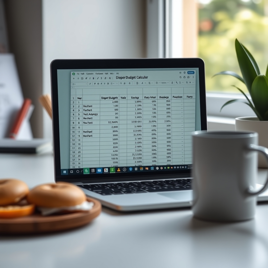 A laptop screen showing a diaper budget calculator spreadsheet with columns for brand, size, price, and cost per unit