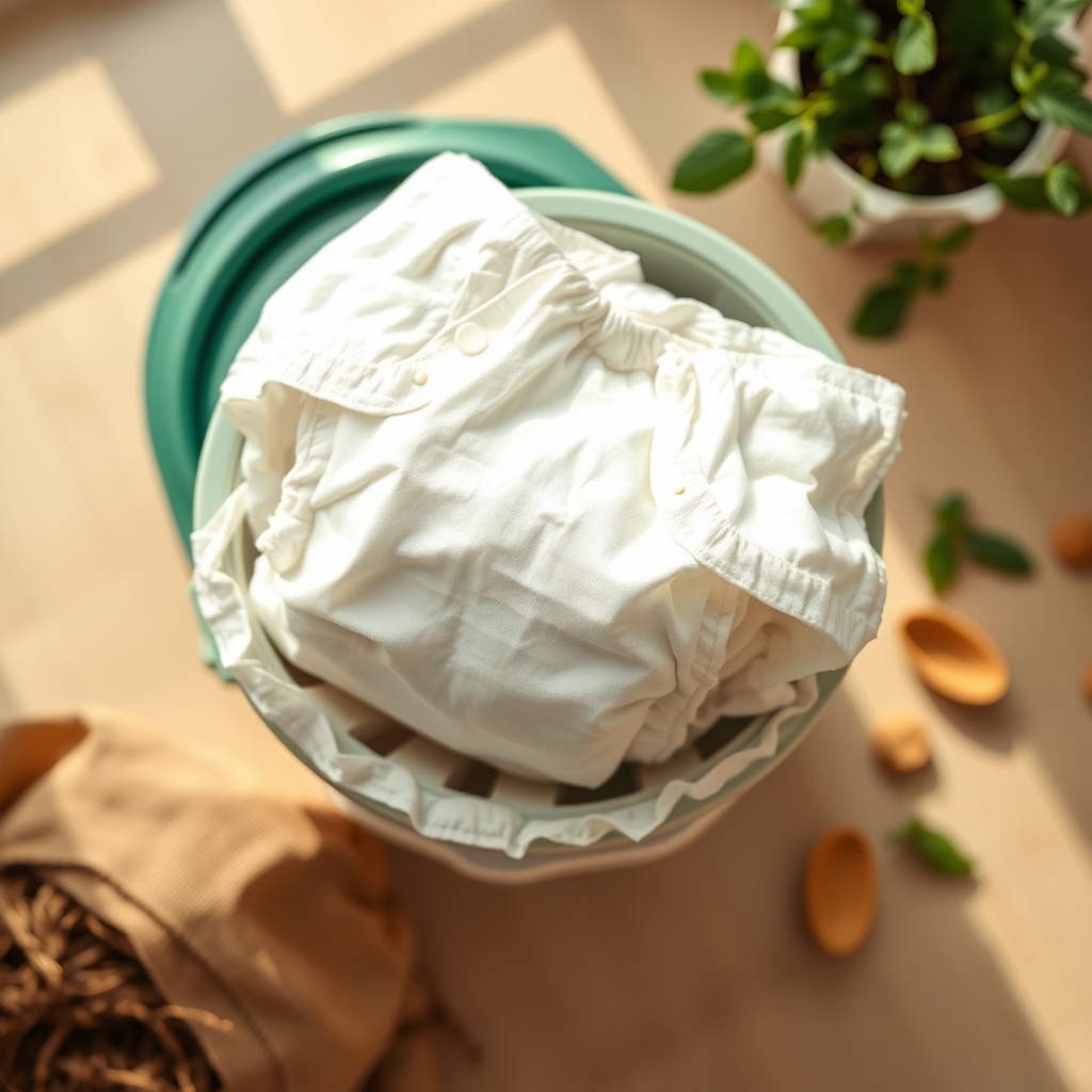A stack of biodegradable disposable diapers beside a small compost bin, illustrating eco‑friendly waste disposal options for parents