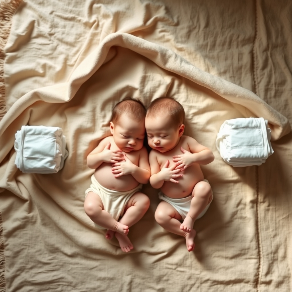 Two newborns lying side by side in soft blankets, each with a small stack of diapers beside them, illustrating the shared diapering needs of twins