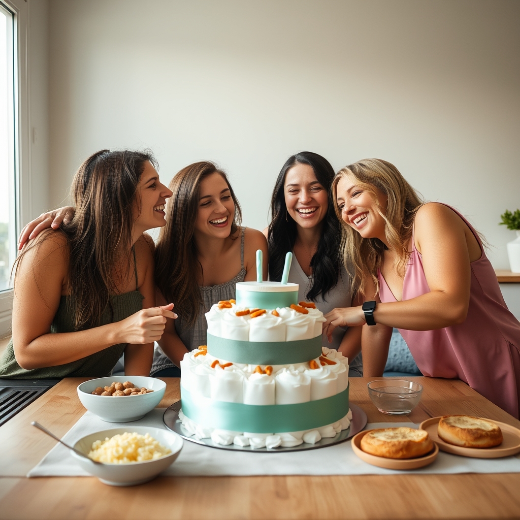 Friends celebrating at a diaper party for dad