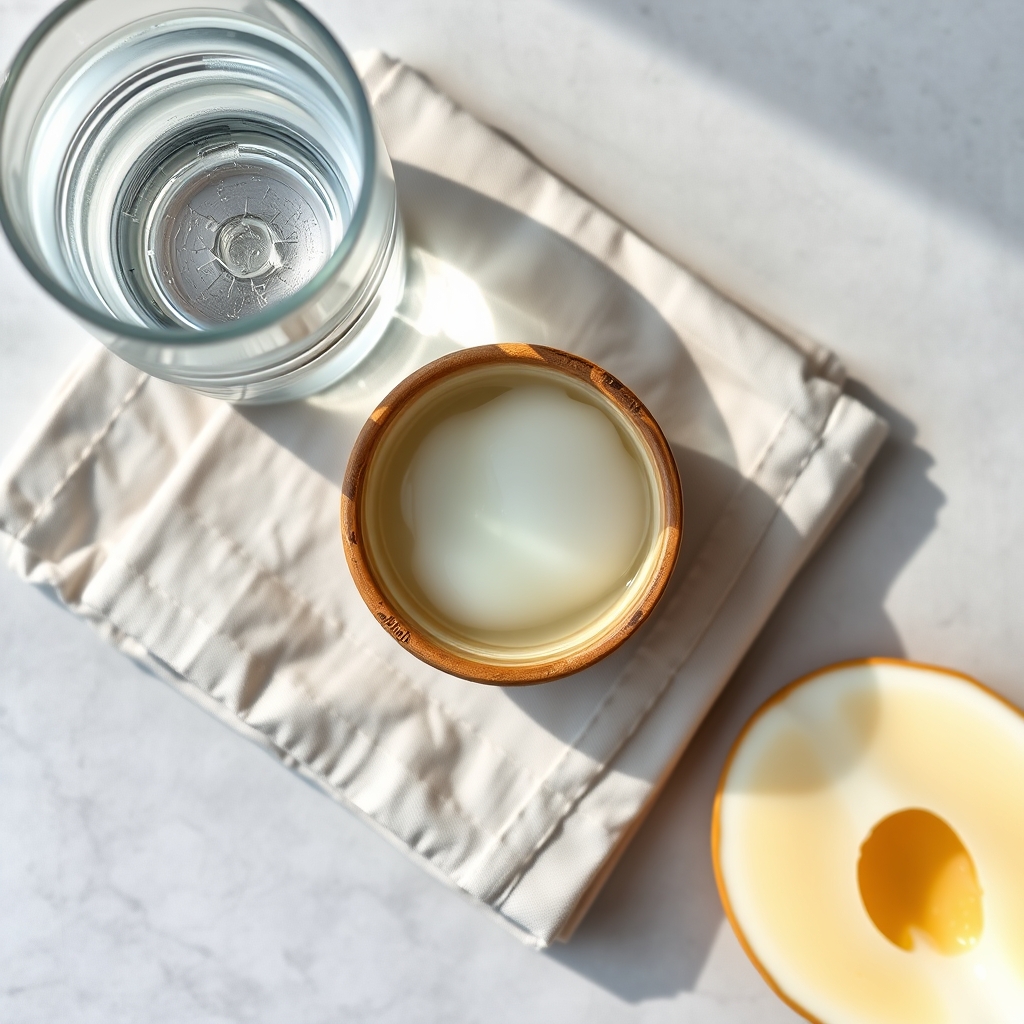Overhead shot of a clear glass of water beside a small bowl of egg‑white‑like cervical mucus on a white linen napkin, soft morning light, calm kitchen setting
