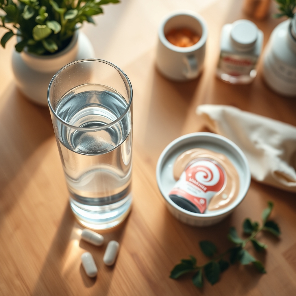 A glass of water beside a bowl of probiotic yogurt and a bottle of prenatal vitamins on a wooden kitchen counter, bright natural light