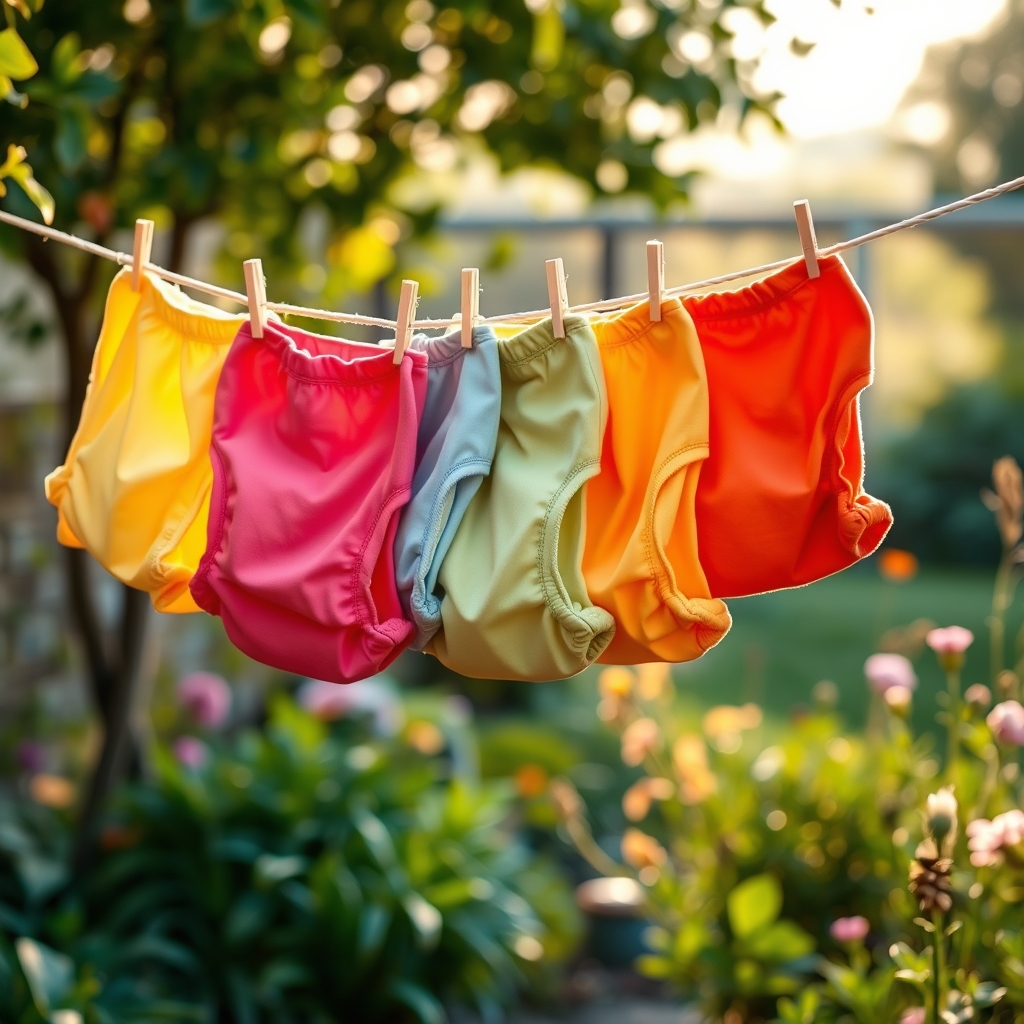 Morning light through a window onto a line of cloth diapers drying outdoors, with a garden in the background