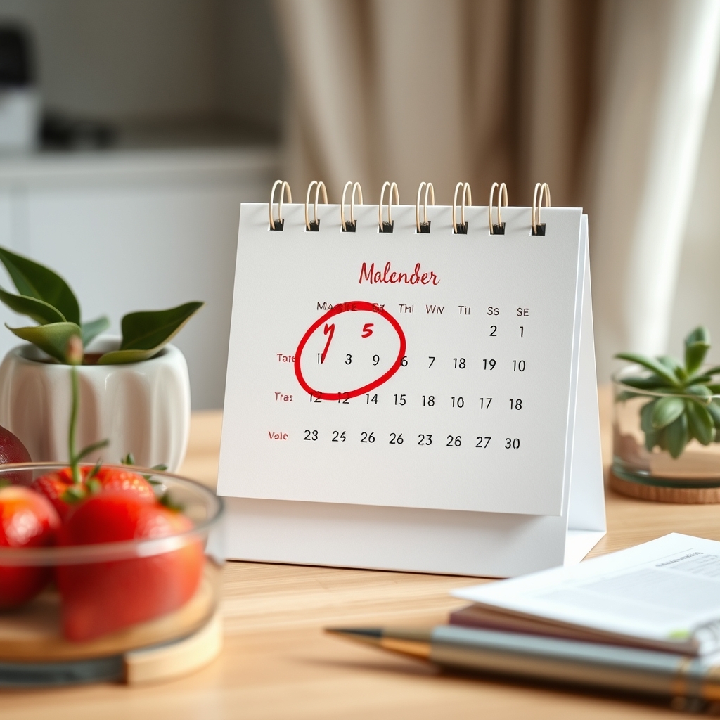 A calendar page open to a month with a red circle around a date, symbolizing a planned medical appointment or milestone