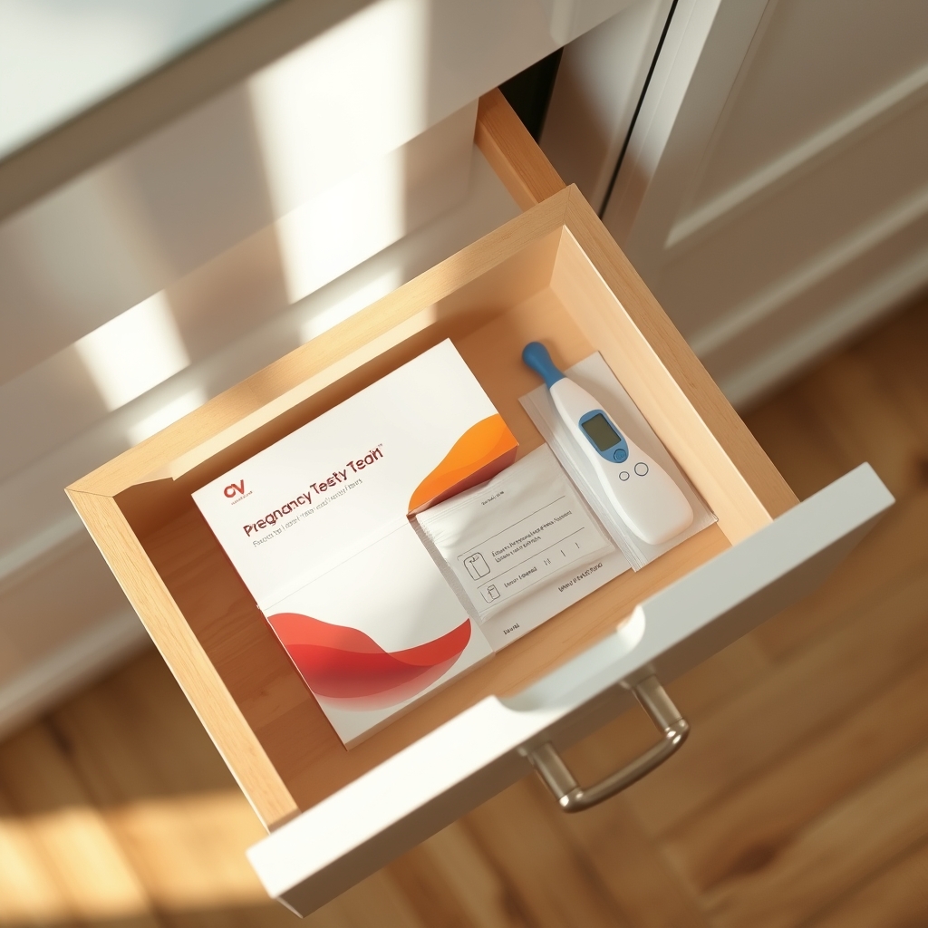 A tidy kitchen drawer with a small labeled box containing unopened pregnancy tests, a packet of silica gel, and a digital thermometer showing a safe temperature