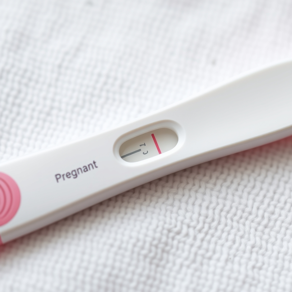 A close‑up of a faint positive line on a pregnancy test, with a clear control line, placed on a white towel