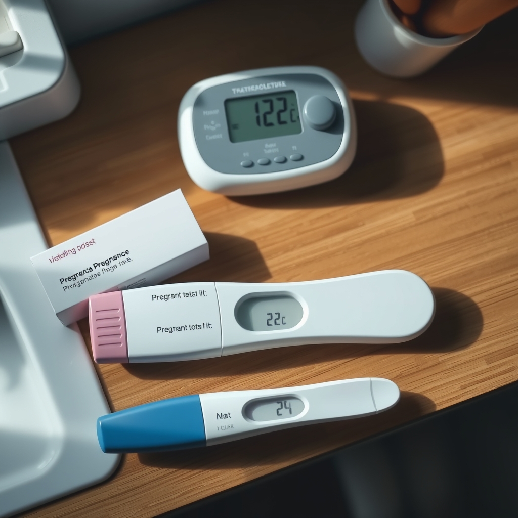 A neatly arranged row of pregnancy test kits on a cool, shaded kitchen counter, with a small digital thermometer showing 22°C, soft daylight, natural wood texture