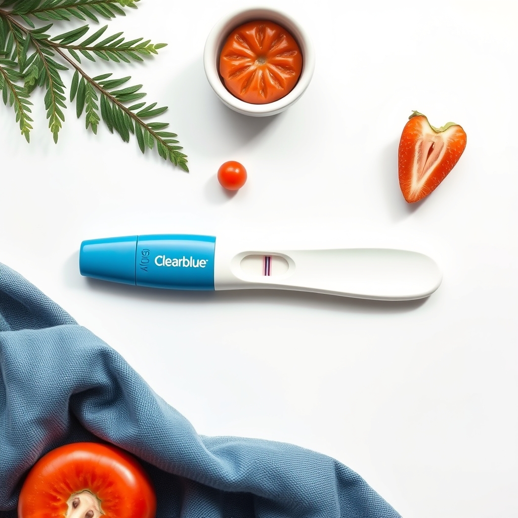 A Clearblue digital pregnancy test device on a white countertop, with the expiration date visible on the underside of the unit, bright studio lighting
