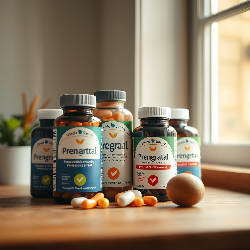 A colorful assortment of prenatal vitamin bottles arranged on a wooden countertop, each labeled with key nutrients like folic acid, iron, and vitamin D