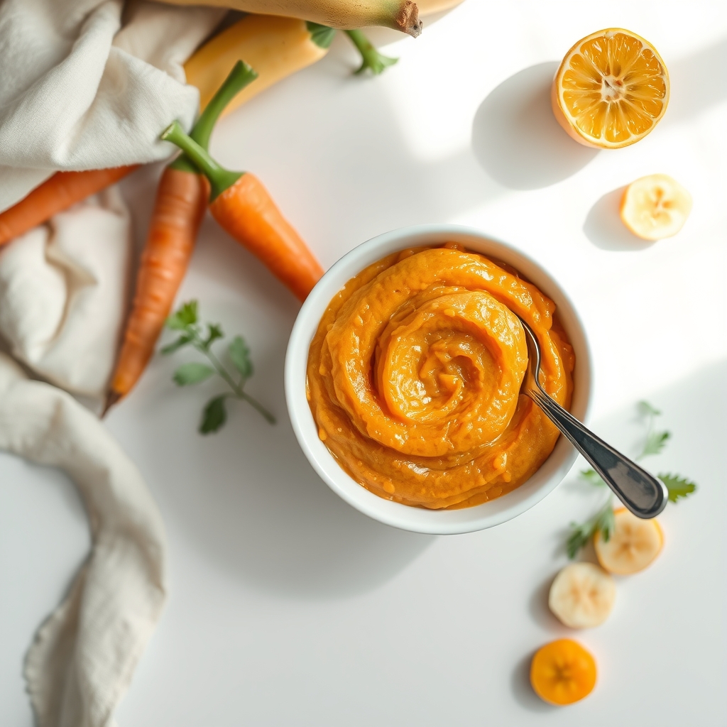 A bowl of chilled pureed carrots and banana, with a silver spoon, bright kitchen lighting and fresh fruit background