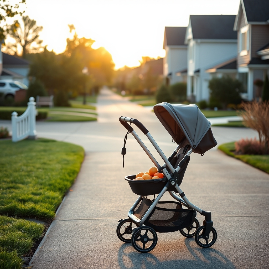 A sleek side‑by‑side stroller parked on a suburban driveway with a grassy yard in the background, showcasing its wide base and stable design for outdoor use