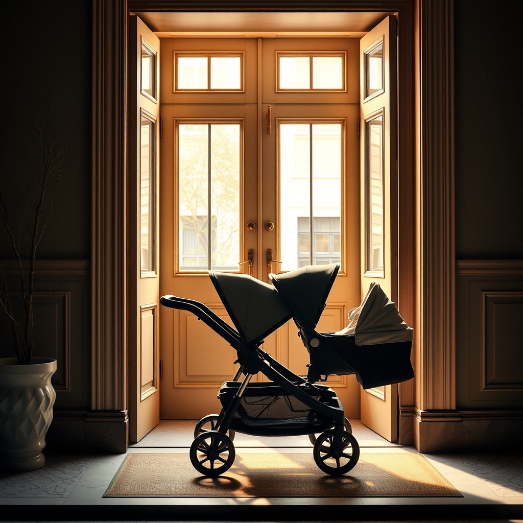 A bright, modern tandem stroller parked beside a sleek city apartment doorway, showcasing its narrow profile and easy maneuverability on a rainy day